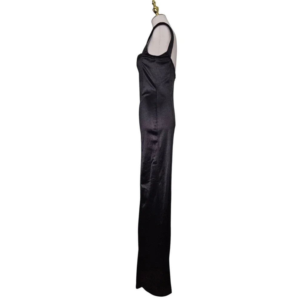 Lucy in the Sky Black Satin Bodycon Maxi Dress Square Neck‎ Cap Sleeve Evening